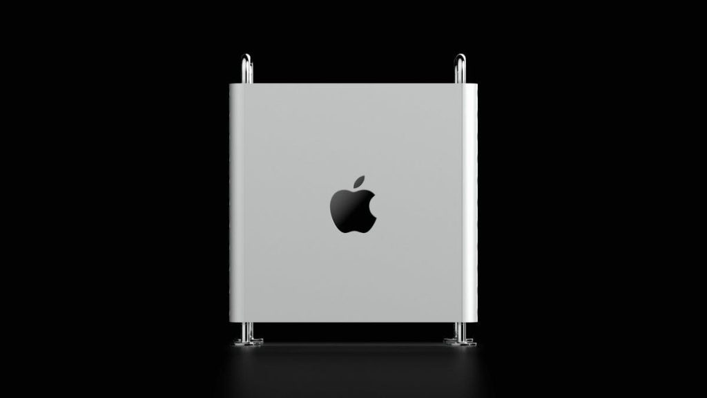 Sleek Apple Mac Pro with iconic minimalist design against a dark background.