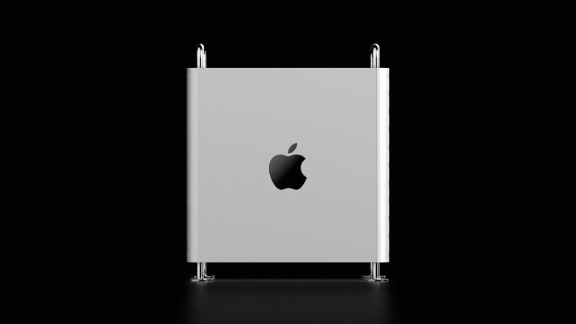 Sleek Apple Mac Pro with iconic minimalist design against a dark background.